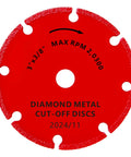 Front view of a red 3-inch diamond metal cut-off disc with 3/8-inch arbor, pack of 3