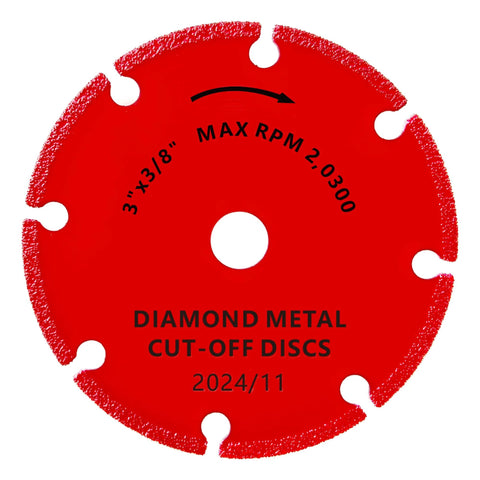 Front view of a red 3-inch diamond metal cut-off disc with 3/8-inch arbor, pack of 3