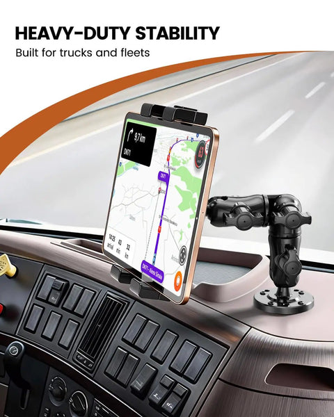 Heavy Duty Drill Base Tablet Mount Built Like A Tank Truck Dashboard Holder permanent screw down bracket mounted on dashboard.