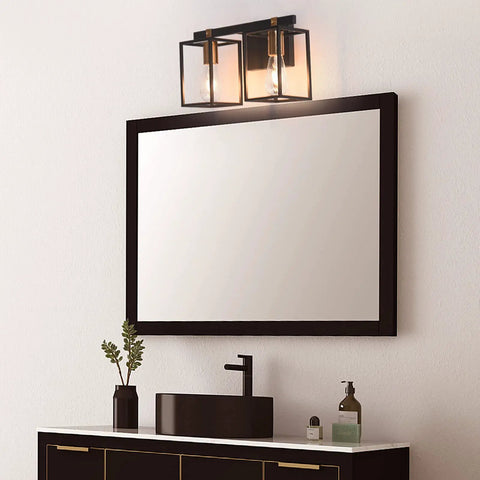 Two Light Over Mirror Bathroom Light Fixture In Rustic Farmhouse Style Industrial Metal Cage Wall Sconce with mirror setup