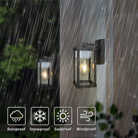 Dusk To Dawn Outdoor Wall Lantern Fixture Set Of 2 With IC Sensor Matte Black mounted on wall during rain