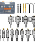 Badass Twelve Piece Tct Carbide Hole Saw Kit Spanning Thirteen To Fifty Four Millimeters With Titanium Coated Teeth, complete set with pilot bits.