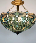 Sea Blue Tiffany Stained Glass Dragonfly Ceiling Light Fixture Lit Look Semi Flush Mount 16 Inch Wide 15 Inch High Antique Green Bronze