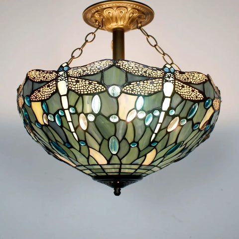 Sea Blue Tiffany Stained Glass Dragonfly Ceiling Light Fixture Lit Look Semi Flush Mount 16 Inch Wide 15 Inch High Antique Green Bronze