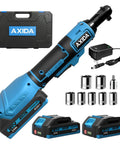 Cordless Three Eighths Inch Electric Ratchet Wrench With Beefy 66 ft-Lbs Torque, 21V Power, two 2.0Ah batteries, charger, sockets