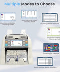 Heavy Duty Money Counter Machine For Multi Currency Bill Scanning And Smart Counterfeit Detection With Auto Serial Logging And No Sweat Cash Handling For Daily Money Managers And Hustlers showing multiple display modes.