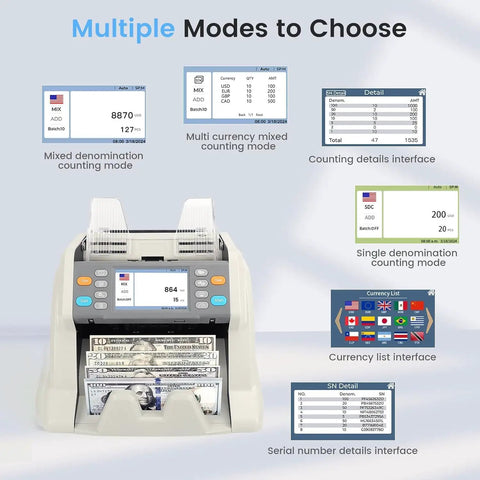 Heavy Duty Money Counter Machine For Multi Currency Bill Scanning And Smart Counterfeit Detection With Auto Serial Logging And No Sweat Cash Handling For Daily Money Managers And Hustlers showing multiple display modes.