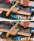 Half Lap Jig For Woodworking That Makes Tight Clean Joints Easy On Any Router Table shown during first and last pass operations