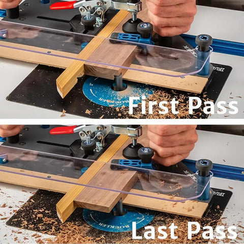 Half Lap Jig For Woodworking That Makes Tight Clean Joints Easy On Any Router Table shown during first and last pass operations