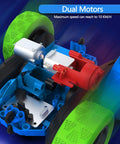 Close-up of Aqua Racer Remote Control Car for Kids, showcasing dual motors and colorful wheels.