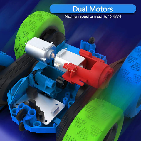 Close-up of Aqua Racer Remote Control Car for Kids, showcasing dual motors and colorful wheels.