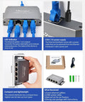 Collage showcasing features of 4 Port Gigabit Ethernet Splitter Powered Network Switch with Wall Mount Ears, showing ports and packaging.