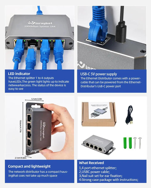 Collage showcasing features of 4 Port Gigabit Ethernet Splitter Powered Network Switch with Wall Mount Ears, showing ports and packaging.