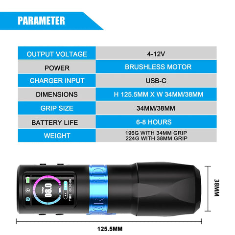 Specifications of Grand G5 Wireless Tattoo Pen Machine, Brushless 4.2mm Stroke Cordless Tattoo Gun For Artists, size and weight details