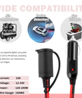 3Ft Cigarette Lighter Extension Cable With Glowing Led Indicator And Rock Solid 15Amp Rating For Your Daily Driver Featuring 16Awg Wire Gauge, shown with air compressor, radar detector, and car fridge.