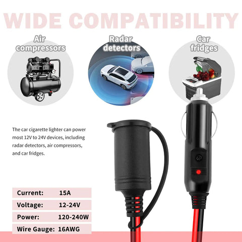 3Ft Cigarette Lighter Extension Cable With Glowing Led Indicator And Rock Solid 15Amp Rating For Your Daily Driver Featuring 16Awg Wire Gauge, shown with air compressor, radar detector, and car fridge.