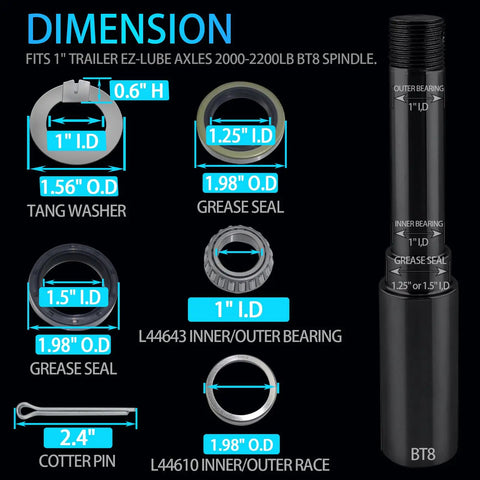 Detailed diagram of Two Heavy Duty Bearing Kits For 2000-2200 Lb Boat Trailer Axle With 1 Inch BT8 Wheel Hub Spindle D Shape Groove Compatibility