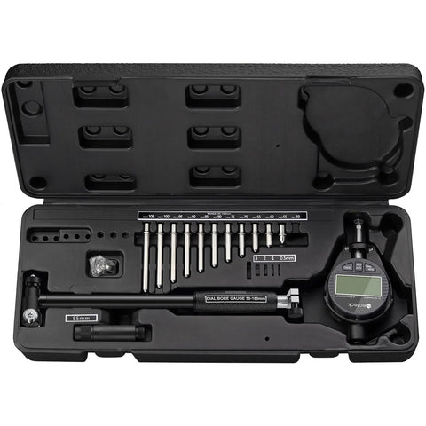 Neoteck digital dial bore gauge set with carbide anvils in black case, 50-160mm range