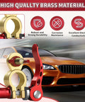 Beefy Brass Battery Terminal Connectors Kit, 1 Pair With M8 x 25mm Bolt, Quick Release Cable Ends next to car image.
