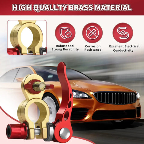 Beefy Brass Battery Terminal Connectors Kit, 1 Pair With M8 x 25mm Bolt, Quick Release Cable Ends next to car image.