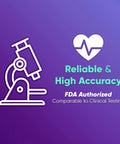 Microscope illustration and heart icon with text for 3 In 1 Covid Flu At Home Test Kit With 10 Minute Results For Covid Flu A And Flu B FDA 510K Cleared Five Test Pack Easy To Use No Discomfort For Daily Home Testing With Fast Clear Readouts.