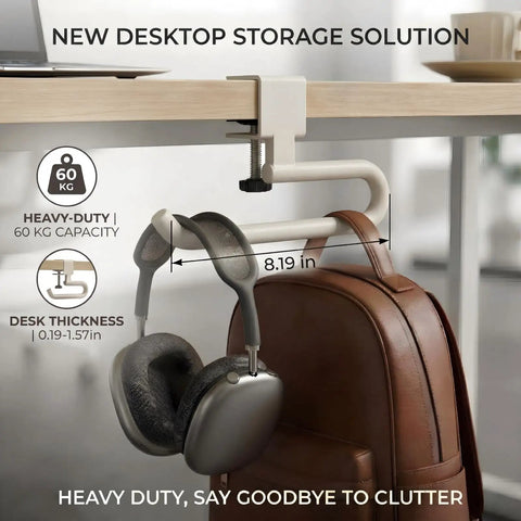 Heavy Duty Clamp On Desk Hook For Bags And Backpacks With Anti Slip Grip Extended Clearance Bag Holder with headphones and bag