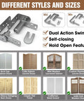 Saloon Door Hinges Double Action Self Closing Heavy Duty No Fuss Swinging Door Hardware For Cafe Doors Two Way Swing 304 Stainless Steel Rustproof Corrosion Resistant 2 Pack with different styles and sizes.