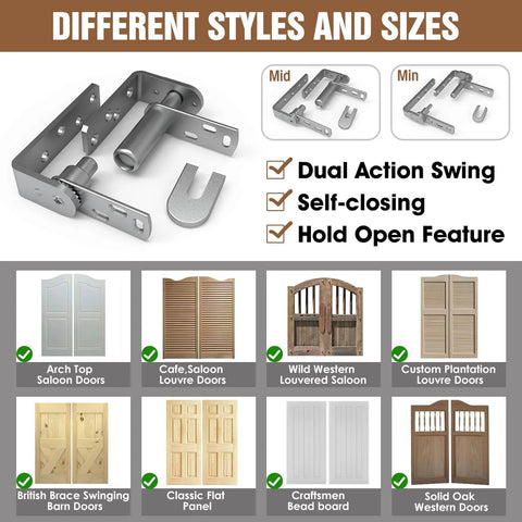 Saloon Door Hinges Double Action Self Closing Heavy Duty No Fuss Swinging Door Hardware For Cafe Doors Two Way Swing 304 Stainless Steel Rustproof Corrosion Resistant 2 Pack with different styles and sizes.