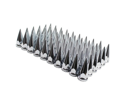 Chrome ABS Axle Cover Kit for 10 Hole Wheels 11 1/4 Inch Bolt Circle Universal Fit Includes Front and Rear Covers 60 Nut Covers 33mm Thread On Flange Nuts and Removable Spiked Center Cap for a Street Ready Look spiked nut covers