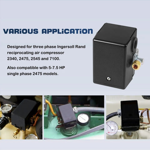 Pressure Switch With Unloader And On Off Lever 135 To 175 PSI for reciprocating air compressor, black casing shown.