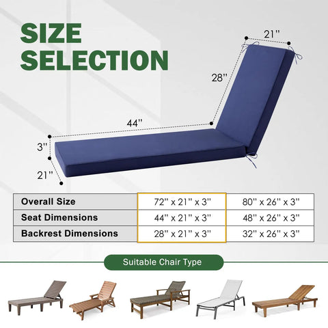 Size options for Outdoor Chaise Lounge Cushions Navy Blue Waterproof and Fade Resistant with Removable Cover