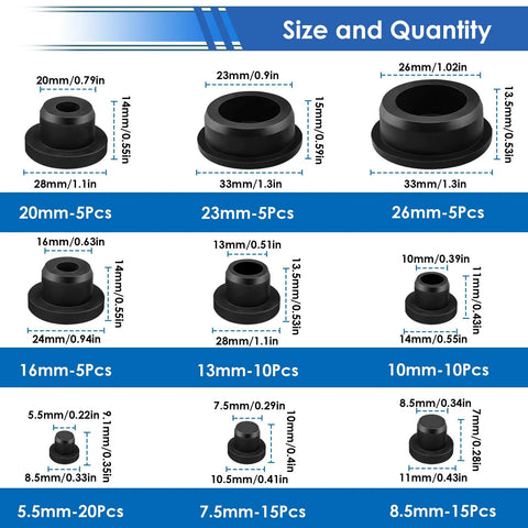 Assorted Rubber Plugs Set With Ninety Pieces Nine Sizes From One Inch To One Fifth Inch Silicone Stoppers Size Chart