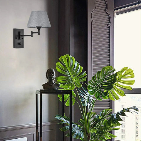 Plug-In Wall Sconce Set Of 2 With Swing-Arm Lamps, Grey Fabric Shade, Black Finish in stylish living room setting