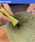 4 In 1 Stainless Steel Fruit Carving Tools Set with V-Shaped Carving Tool creating patterns on cantaloupe, green handle.