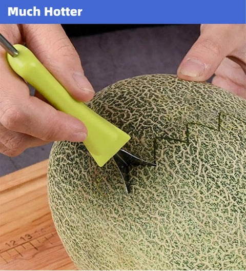 4 In 1 Stainless Steel Fruit Carving Tools Set with V-Shaped Carving Tool creating patterns on cantaloupe, green handle.