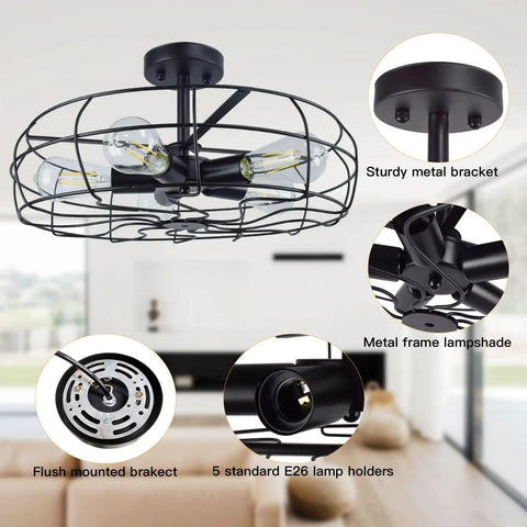 Five Light Industrial Ceiling Light With Rustic Wire Cage In Oil Rubbed Bronze Farmhouse Semi Flush Mount Black Retro Close To Ceiling Fixture For Kitchen Dining Room And Bedroom Perfect For Modern Homes And Open Concept Kitchens showing metal bracket, lampshade, and flush mount details