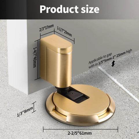 No Fuss Adjustable Bottom Door Stopper With Slick Brushed Gold Finish No Drill Setup Mechanical Floor Door Stop dimensions showing size.