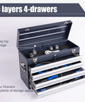 Road Ready 21 Inch Auto Locking Tool Chest, Freestanding Utility Cabinet With Ball Bearing Slides And Eva Padded Drawers, Quick Load Carry Handle For Mobile Workshop In Antique Grey showing deep top storage and four drawers.
