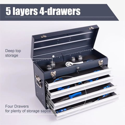 Road Ready 21 Inch Auto Locking Tool Chest, Freestanding Utility Cabinet With Ball Bearing Slides And Eva Padded Drawers, Quick Load Carry Handle For Mobile Workshop In Antique Grey showing deep top storage and four drawers.