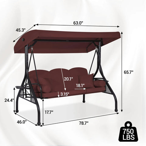 Three Seat Outdoor Porch Swing With Adjustable Canopy And Convertible Bed Two In One Patio Glider For Adults 750 lbs capacity