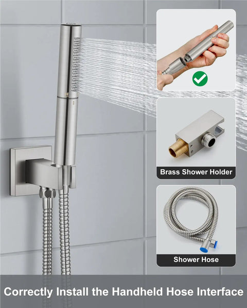 High Pressure Shower System With 2 In 1 Handheld Sprayer Wall Mounted Fixture Rough In Valve 10 Inch Brushed Nickel Shower Head Rain and Handheld Combo 304 Stainless Steel Construction, handheld sprayer installation guide.