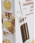 Box of Cupcake Injector And Decorating Icing Kit, Nine Piece Stainless Steel Set With Multicolor Tips, shown with filling instructions.
