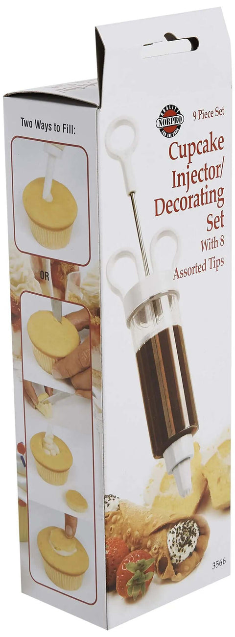 Box of Cupcake Injector And Decorating Icing Kit, Nine Piece Stainless Steel Set With Multicolor Tips, shown with filling instructions.