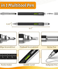 6 in 1 multitool pen with Phillips screwdriver, flathead screwdriver, stylus, ruler, bubble level, and ballpoint pen.