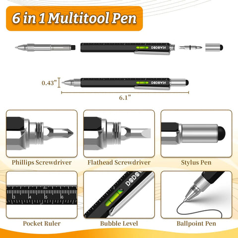 6 in 1 multitool pen with Phillips screwdriver, flathead screwdriver, stylus, ruler, bubble level, and ballpoint pen.