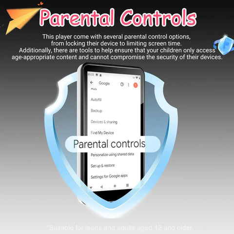 Kids MP3 Player With Bluetooth And WiFi Android 9.0 144GB Four Inch Touch Screen featuring parental controls display.