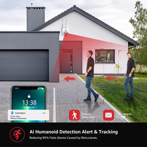 Outdoor 2K Security Camera Wireless WiFi IP System With 360 Degree View Motion Detection Auto Tracking Two Way Talk Floodlight Alarm monitoring home entrance with motion detection.