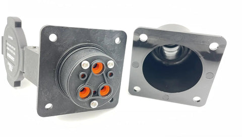 SAE J1772 Type 1 EV Charging Socket Inlet for Level 1 and Level 2 Chargers, rugged black design, ideal for electric cruisers.