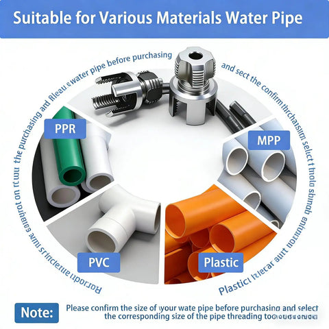 2026 New Dual Function Pipe Tapping And Threading Tool Kit diagram showing pipe materials: PPR, PVC, Plastic, MPP for plumbing use.