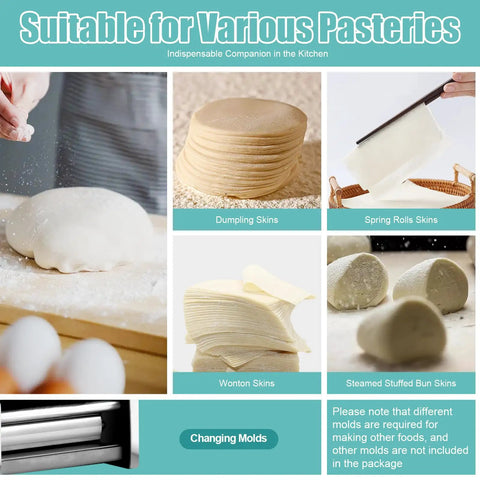 Various pastry types including dumpling, wonton, and spring roll skins shown with automatic commercial dumpling skin maker machine.